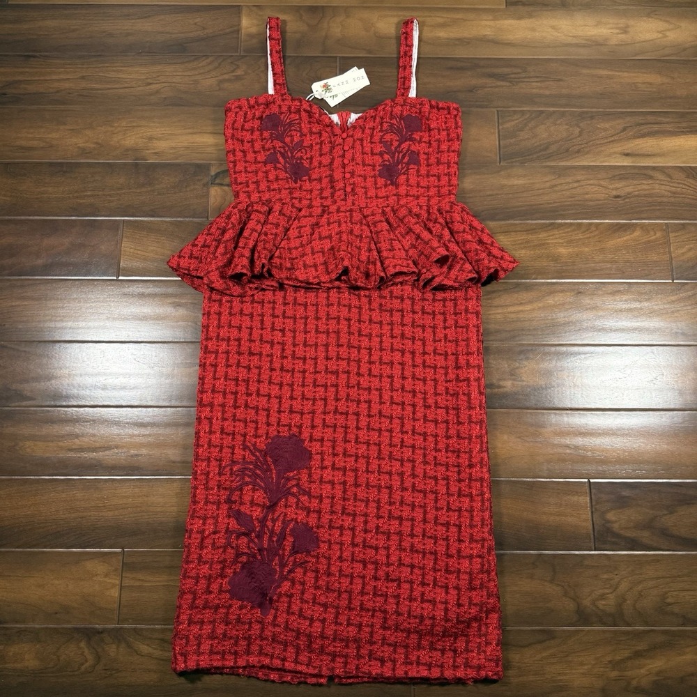 Fanm Mon Women's Size XL Red Embroidered Gulia Peplum Tweed Midi‎ Pencil Dress